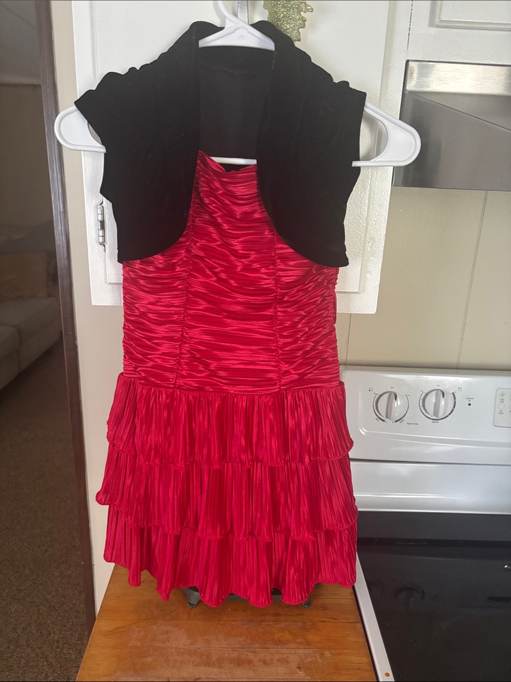 Source Unknown Girls Red and Black Tiered Formal Dress with Bolero